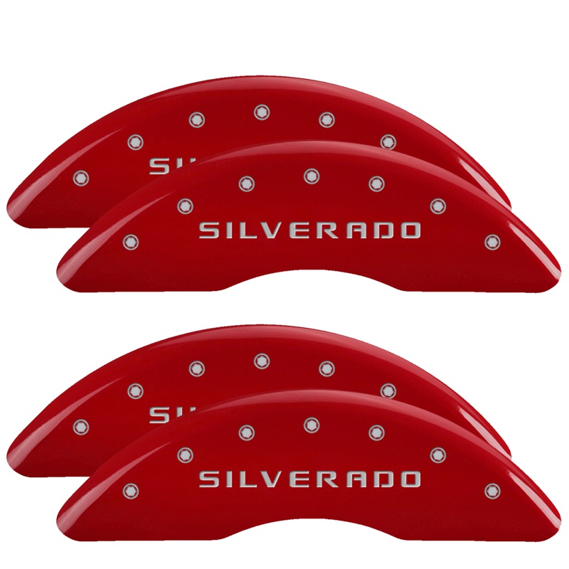 Set of 4 MGP Caliper Covers 14173SSILRD SILVERADO Engraved Caliper Cover with Red Powder Coat Finish and Silver Characters, 